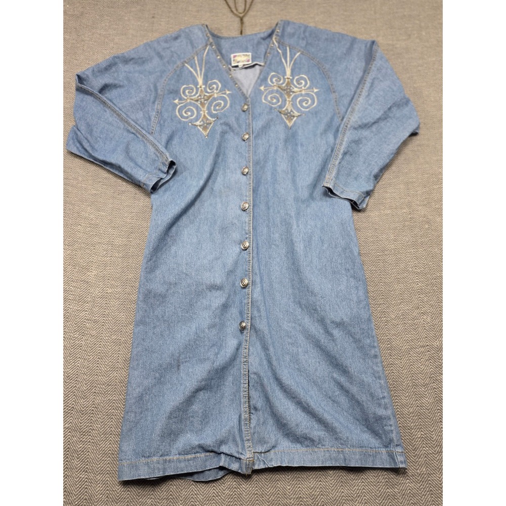 Monique Fashions Vintage Denim Duster Dress Studded Embroidered Light Wash Sz 14